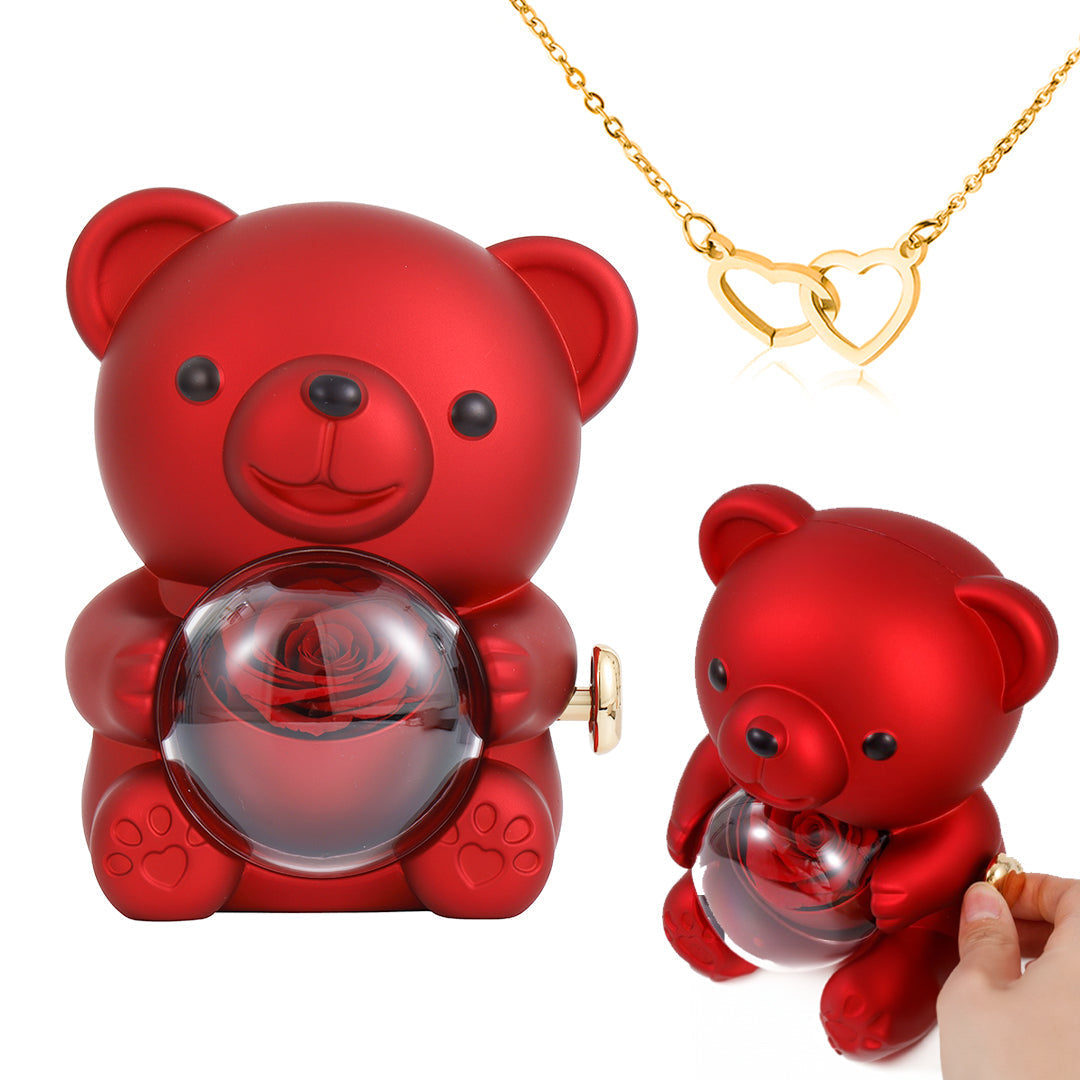 Colar Duplo Coração - Com caixa de presente com ursinho de rosa real
