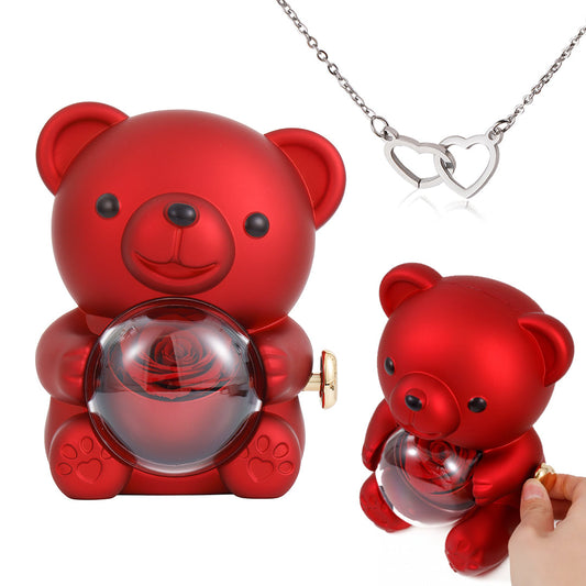 Colar Duplo Coração - Com caixa de presente com ursinho de rosa real